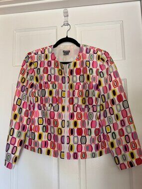 Vibrant, multi-colored abstract geometric shapes jacket